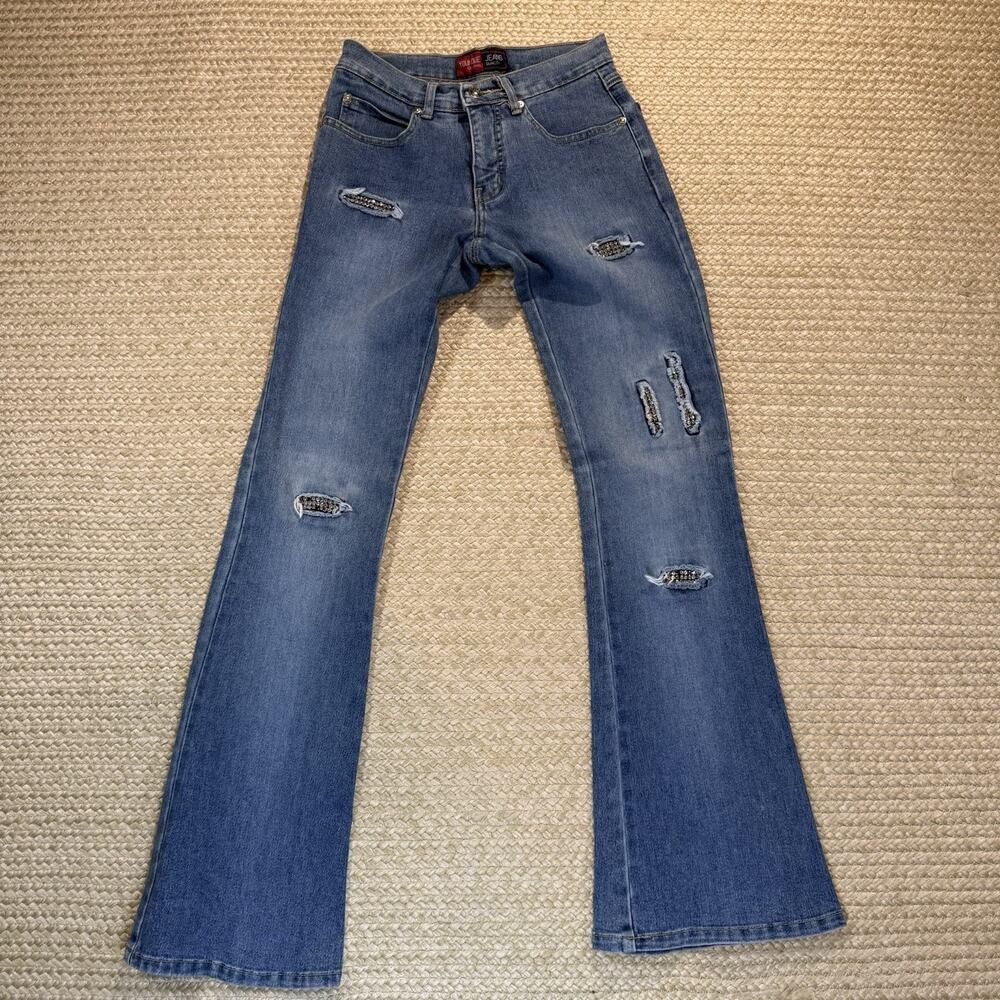 Younique Vintage Y2K Flared Low Rise Jeans Rhinestone Patches Womens Size 1